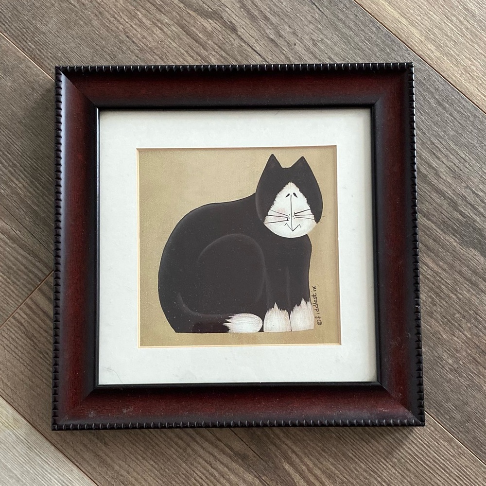 FIDDLESTIX SIGNED CUSTUM FRAMED FOLK ART CAT PICTURE WALL ART